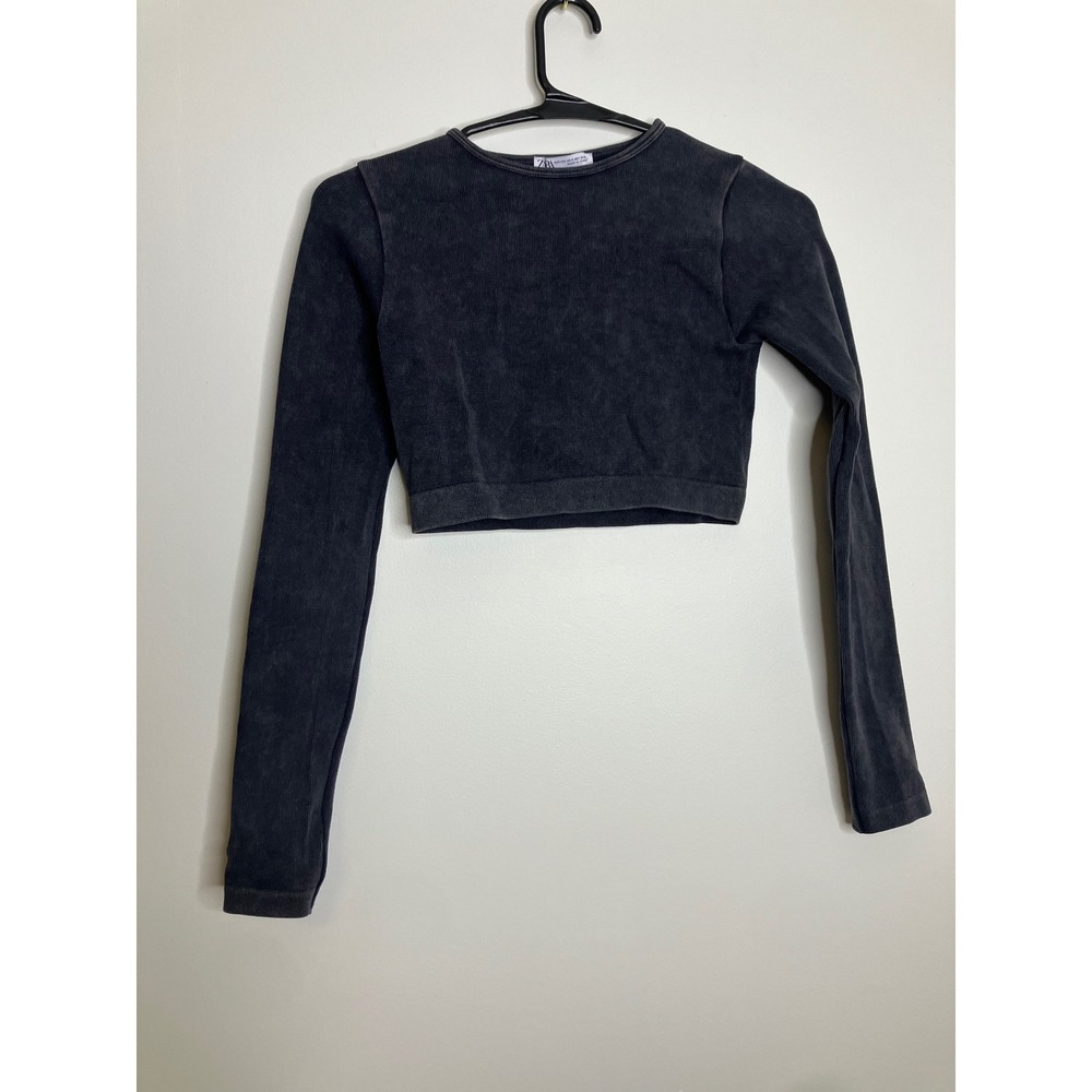 Zara Crop Top Womens XS-S Grey Excellent Ribbed Acid Wash Long Sleeve grunge